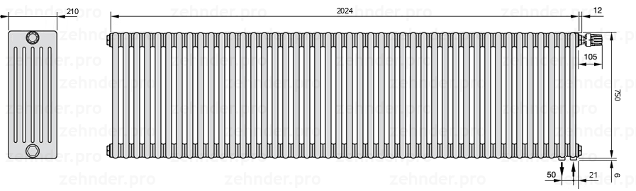 Схема (чертеж) Радиатор Zehnder Charleston 6075/44 №V002 Белый глянцевый RAL 9016